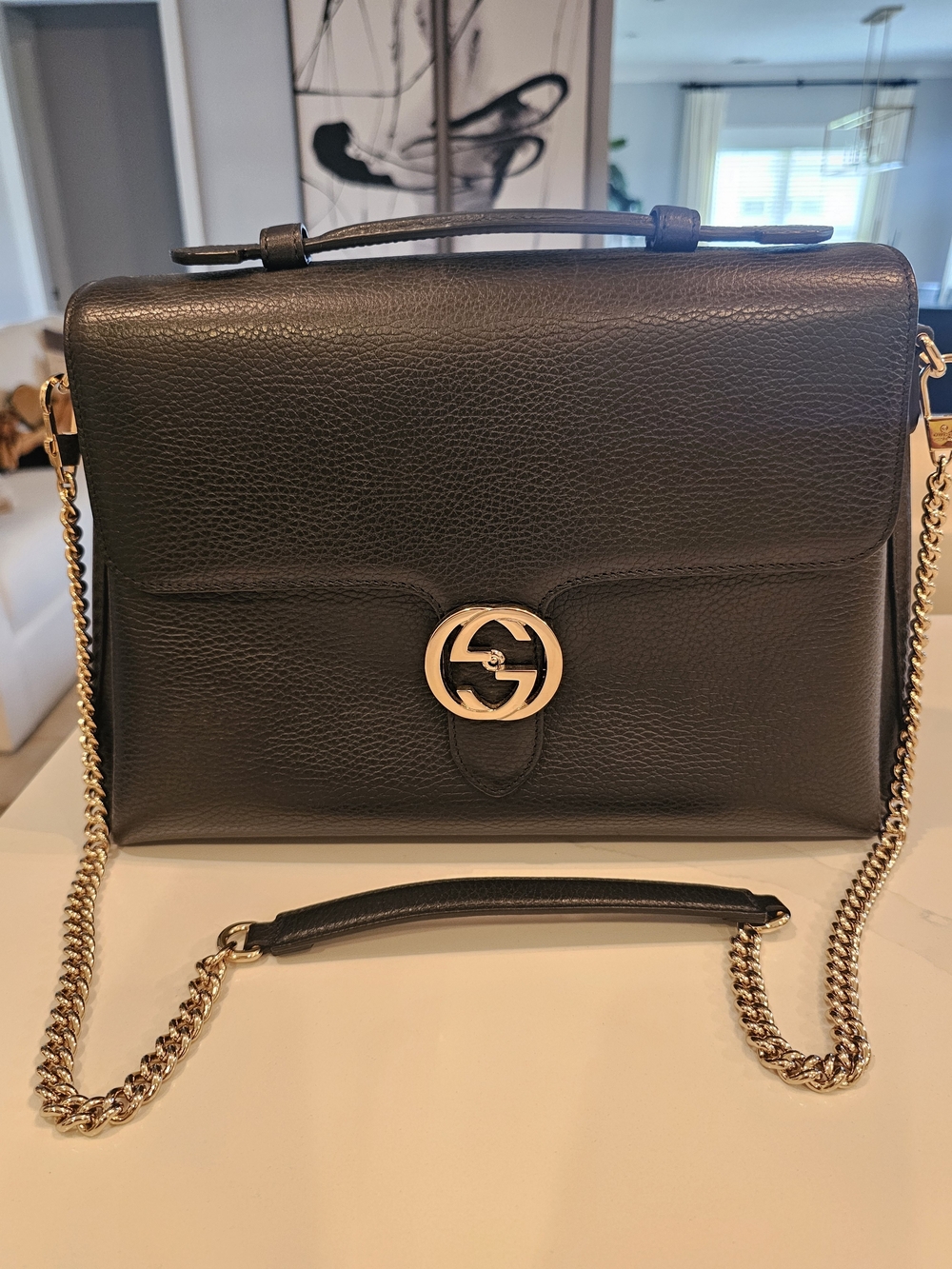 Gucci Black Leather Shoulder Bag with Gold Chain and GG Logo